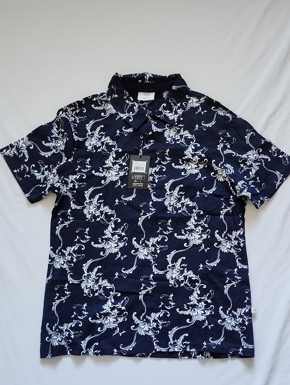 NWT Level Ten Men's Navy Blue Baroque Floral Scroll Print Polo Shirt Size S
